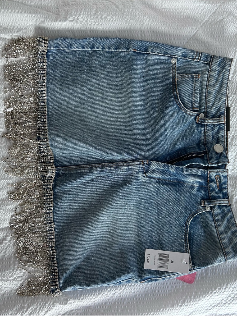 Denim Mini Skirt with Silver Fringe